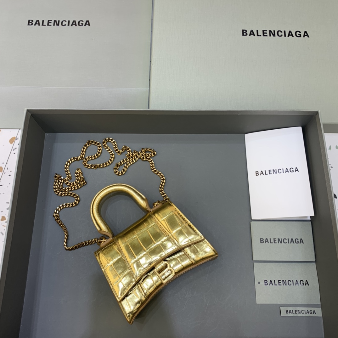 Balenciaga Hourglass Mini Handbag With Chain Crocodile Embossed Shoulder Bag Gold